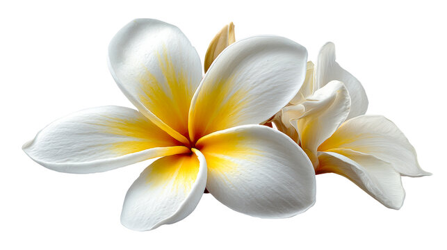 Delicate frangipani blossoms with striking yellow centers and soft white petals, ideal for illustrating tropical themes, spa concepts, and floral arrangements in marketing materials.
