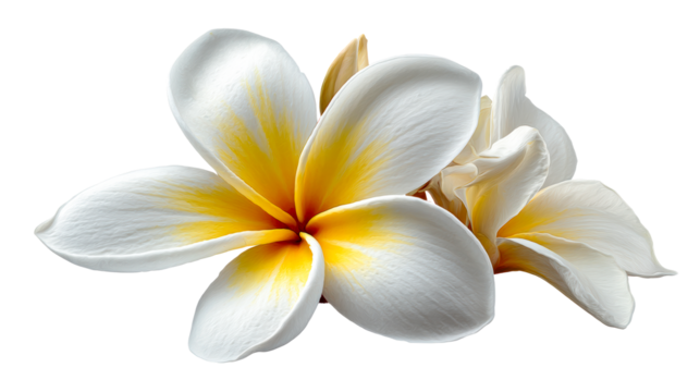 Delicate frangipani blossoms with striking yellow centers and soft white petals, ideal for illustrating tropical themes, spa concepts, and floral arrangements in marketing materials.