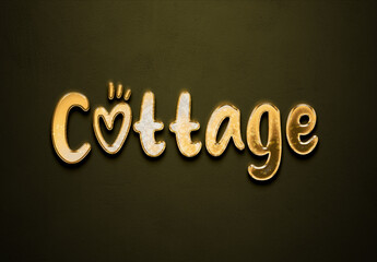 Old gold text effect of word Cottage with 3D glossy style Mockup.	