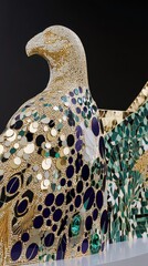 Obraz premium Close-up of a decorative mosaic eagle sculpture with intricate details, featuring gold, blue, and green elements, set against a dark backdrop.