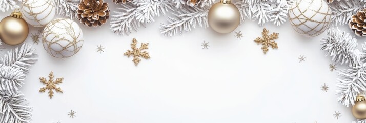 Fototapeta premium Festive Holiday Banner with Colorful Baubles, Pinecones, and Snowflakes for Seasonal Celebrations