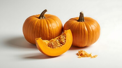 Two whole pumpkins and a slice of pumpkin with seeds on a white background