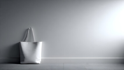 A tote bag resting near the bottom corner of a large blank wall creating expansive minimal breathing room