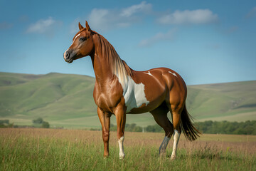 Obraz premium Chestnut and white horse standing in a grassy field with rolling hills