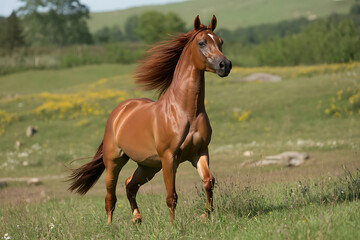 Chestnut Horse with Flowing Mane Running in a Field