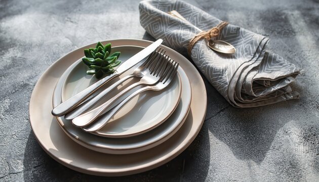 Elegant Table Setting: A sophisticated table setting, featuring a stack of minimalist plates, polished silverware, a neatly folded napkin, and a touch of greenery.