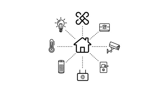 Smart home technology icons connected to a central house isolated on white background