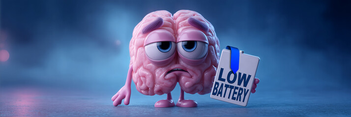 A Hyper-realistic 3D Cartoon Brain Character Showing Extreme Mental Burnout while Holding a “LOW BATTERY” Sign with Exhausted Expression on Soft Blue Blurred Background with Copy Space. Generative Ai.