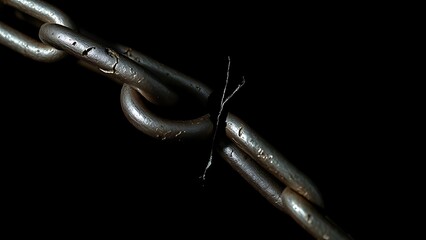 schism. Broken metal chain link cut in half, symbolic separation concept. wellbeing guides, coaching materials, designed for coaching and self-improvement content, used by event planners.