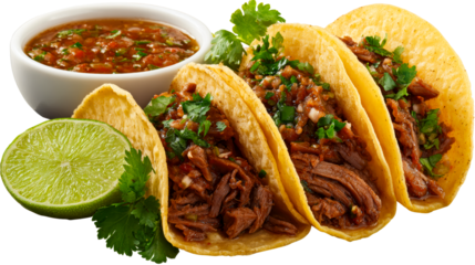 Delicious shredded beef tacos served with fresh salsa and a lime wedge, perfect for Mexican food advertising and culinary themes.