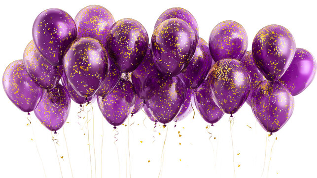 Festive purple balloons adorned with gold confetti float and swirl, perfect for celebrations and party invitations.