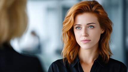 Serious Redhead Businesswoman Listening To Female Colleague During Discussion In Office