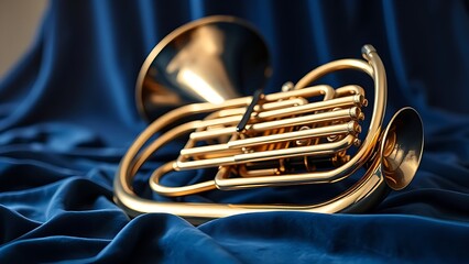 euphonium. Polished brass euphonium on blue velvet with keys reflecting soft studio light. event key visuals, club posters, designed for fitness apps and gym onboarding, used by fitness trainers.
