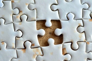 White jigsaw puzzle missing one piece showing the wood grain underneath