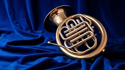 euphonium. Polished brass euphonium on blue velvet with keys reflecting soft studio light. event key visuals, club posters, designed for fitness apps and gym onboarding, used by fitness trainers.