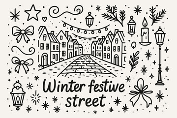 Obraz premium Winter Festive Street. Winter festive street. Hand-drawn doodle illustration of Winter festive street. Central