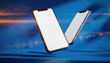 Smart Technology: show casing the sleek design of two smartphones, offering a clear display, set against a dark blue gradient backdrop, emphasizing innovation and connectivity.