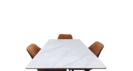 White marble top dining table and brown leather chairs PNG transparent.