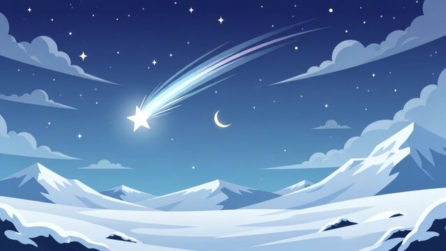 Vibrant Shooting Star Over Snowy Mountain Landscape - Powered by Adobe