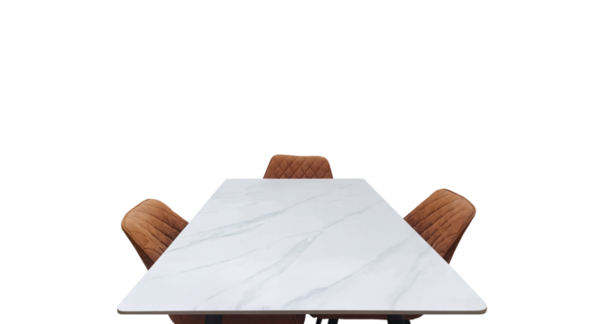 White marble top dining table and brown leather chairs PNG transparent.