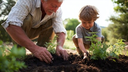Grandfather and grandson plant vegetables together in a sunny garden