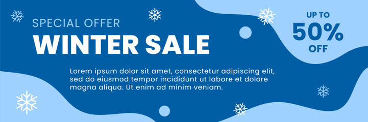 Winter sale banner design with snowflakes, special offer up to 50% off, blue abstract background template