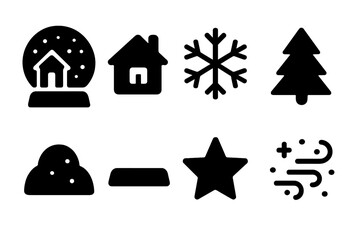 Snow Globe Icons. Snow globe holiday scene. Filled icon set of Snow globe holiday scene: snow globe, miniature