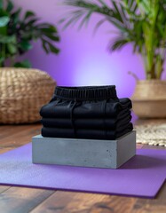 Stacked Black Leggings on Concrete Block with Purple Yoga Mat and Plants