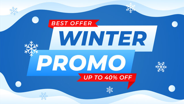 Winter promo banner template with blue snow wave background and snowflakes, up to 40% off, modern seasonal promotion design for sale ads, digital marketing, social media, web and pages