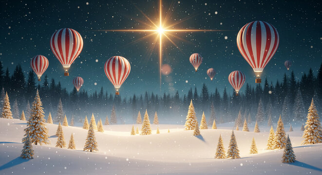 Magical Christmas Hot Air Balloons Snowy Winter Night Star