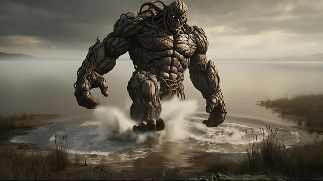Massive fantasy elemental creature made of stone and roots rising from a murky swamp