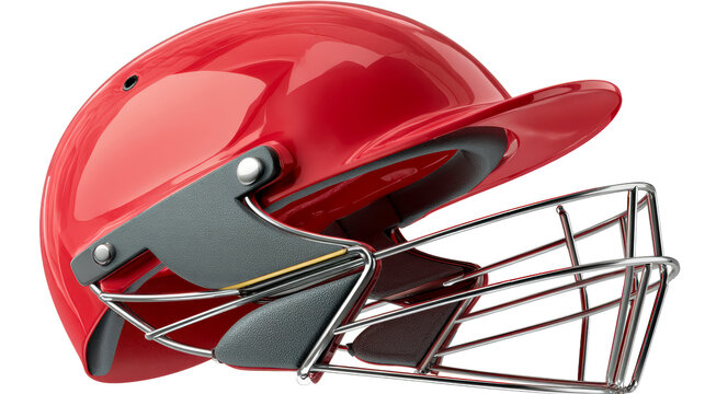 Close up side view of a red cricket helmet with a metal grille and padded protection for athlete safety in sports