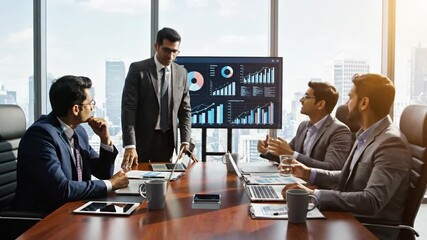 Business team reviewing charts and graphs during a boardroom meeting financial analysis - Powered by Adobe