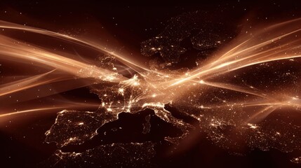 Europe global network connecting cities data streams at night