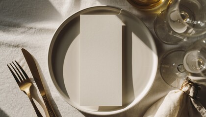 Elegant Dining: A sophisticated table setting, complete with a pristine plate, gleaming silverware, and delicate glassware. The scene whispers of an impending feast and stylish living. 