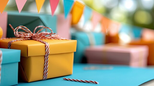 Close-up shot of several wrapped gift boxes with ribbons and colorful bunting in a bright outdoor setting. - Powered by Adobe