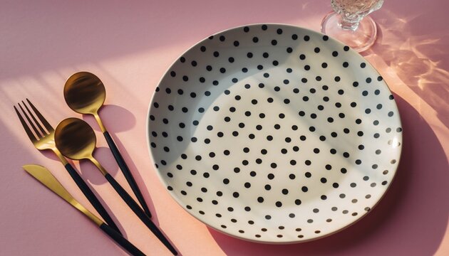 Elegant Table Setting: A sophisticated composition of a patterned plate, golden cutlery, and a glass create an inviting dining experience, embodying elegance and style.