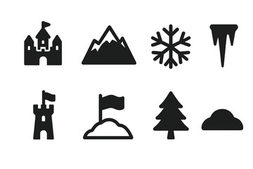 Frozen Fortress Icons. Frozen mountain fortress. Filled icon set of Frozen mountain fortress: castle, mountain