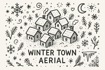 Fototapeta premium Winter Town Aerial. Winter town aerial. Hand-drawn doodle illustration of Winter town aerial. Central doodle