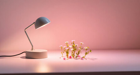A stylish, modern desk lamp illuminating a cluster of tiny white and pink flowers on a minimal pink surface. The light creates a dramatic shadow and focus.