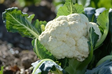 Single fresh organic cauliflower is growing in the garden surrounded by green leaves