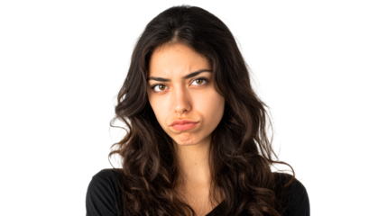Young Hispanic woman with long dark wavy hair making a grumpy or sad face, ideal for expressing negative emotions in media and marketing.