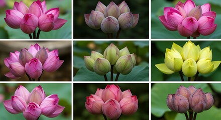 Collection of Lotus Flower Buds in Various Colors and Stages of Bloom.