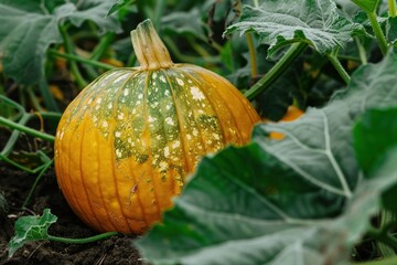 Large ripe green and yellow pumpkin growing on the vine in a garden