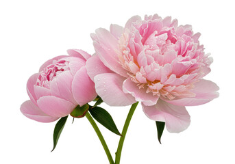 Two pastel blush pink peonies (bloomed & bud) with green stems and glistening dew drops on transparent, copy space, soft diffused light. Concept of natural beauty and serenity