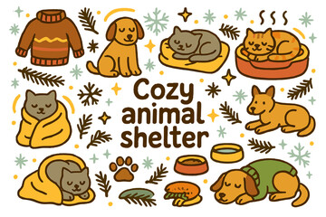 Fototapeta premium Cozy Animal Haven. Cozy animal shelter. Hand-drawn doodle illustration of Cozy animal shelter. dogs, cats,