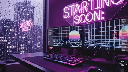 Neon-Lit Retro Gaming Setup on a Rainy Night. Stream starting soon screen, overlay loop, animated virtual backgrounds, cozy lo-fi gaming room view. vtuber asset twitch zoom OBS. - Powered by Adobe