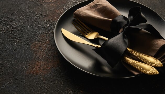 Elegant Table Setting: A sophisticated tablescape is set against a dark background, featuring a black plate, a stylish linen napkin, and gleaming golden cutlery, tied with a silky black ribbon.