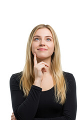 Young caucasian woman, early 20s, blonde hair, dark fitted top, looking up thoughtfully with finger on chin, subtle smile, white studio background with copy space, concept of inspiration and optimism