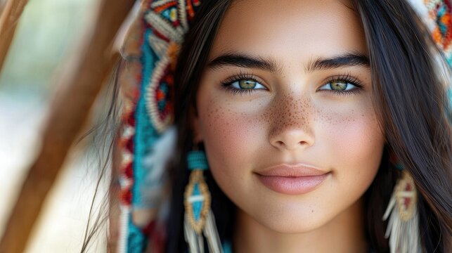A close-up portrait of a young woman with a headdress, freckles, and green eyes. She is looking directly at the camera with a soft expression.